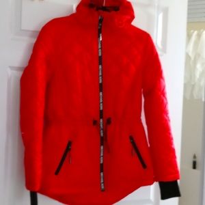 Red Michael Kors puff jacket attached hoodie